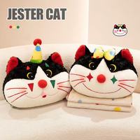 Ensemble oreiller et couverture 2-en-1 Chat Clown Bouffon Adorable, coussin en peluche douce bouclée avec couverture à pois amovible pour canapé, bureau, voyage