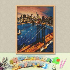 Pintura de Diamantes Paisaje Urbano Puente Nocturno, Kit de Arte DIY con Diamantes Redondos, Decoración de Paisaje Enmarcado Rectangular - Product Image 1