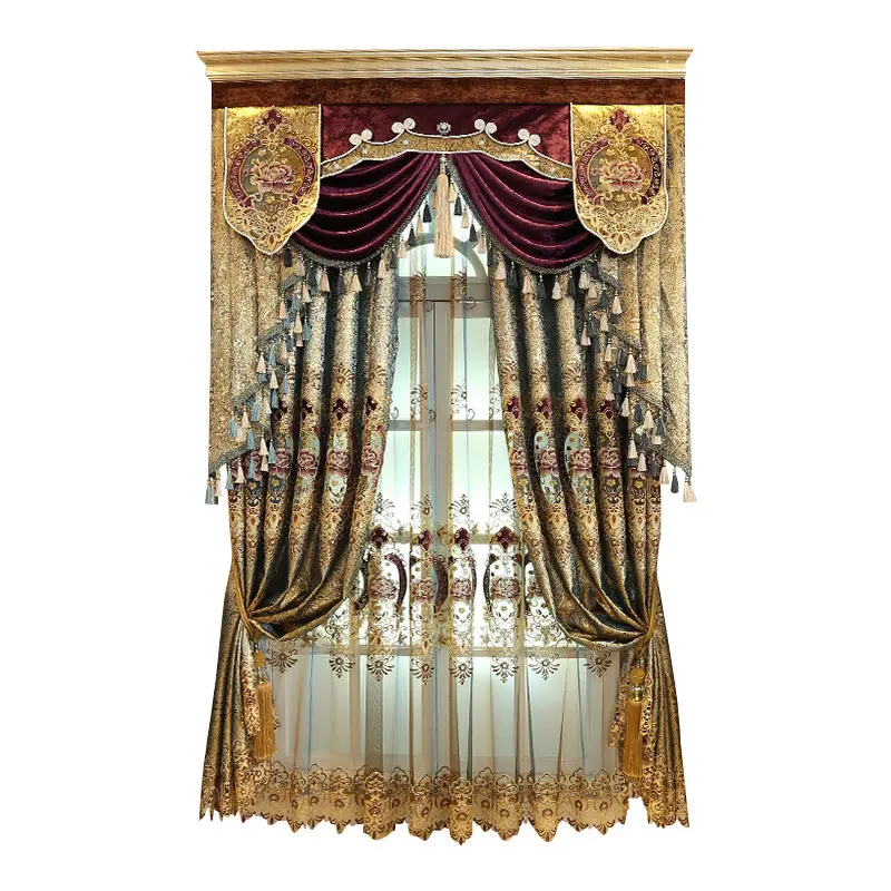 New European Gold Luxury Villa Silk Hollow Embroidered Jacquard Curtains