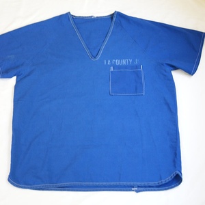 Promotion Vintage Loose Fit V Neck Front Pocket La County Jail Top, Blue Short Sleeve <strong>Prison</strong> Wear Issue <strong>Uniform</strong> Costume - Product Image 1