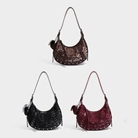 Sac Hobo de Luxe pour Femme à Imprimé Léopard, Sac à Bandoulière Croissant avec Clous, Oeillets et Pompon, Pochette Amovible