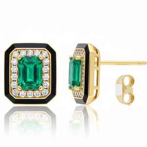 Pendientes de Oro Amarillo de 14 Quilates con Esmalte Negro, Esmeraldas y Diamantes de Laboratorio Certificados, Esmeralda Octogonal - Product Image 3