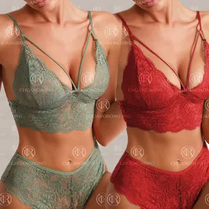 เซ็ต2ชิ้นสำหรับผู้หญิง,เซ็ตชุดชั้นในลูกไม้ซีทรูแบบโปร่งสีเขียวแดงชุดเต้านมเซ็กซี่