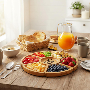 Assiette ronde en bambou pour fête, assiette à dîner, assiette à 7 compartiments, assiette ronde pour noix, bonbons, fruits, en-cas, <span class=keywords><strong>plateau</strong></span> de service alimentaire avec séparateurs - Product Image 3