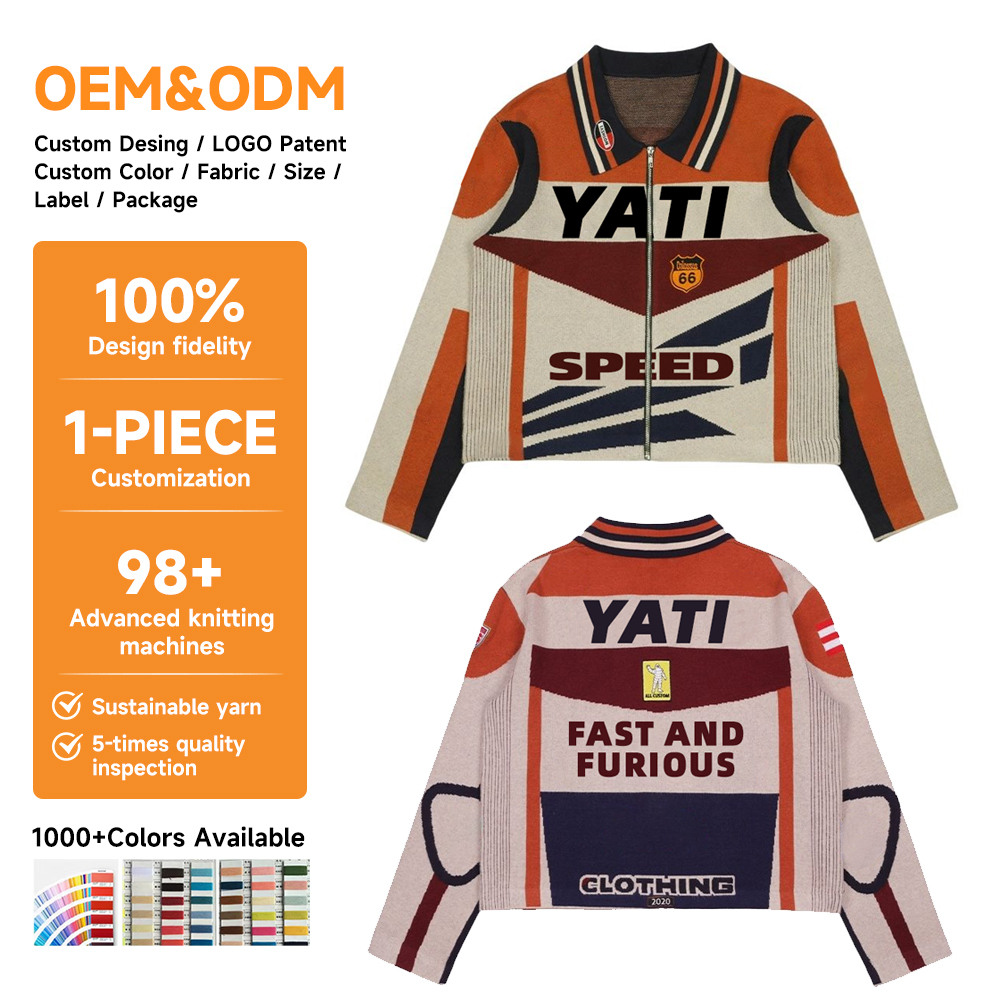 Custom LOGO Sweater Winter Men Casual Knitwear Zipper Fashion Jumper Graphic Track Coat Vintage Racing Jacket Knitted Sweater