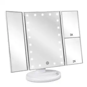 Ms-01 USB Rechargeable Led Vanity Storage Box Tri Fold Makeup Mirror 1X/3X/5X/10X Magnification Makeup Mirror