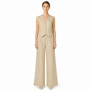 <b>Women</b> Beige Linen Vest and Shorts Set Sleeveless V Neck <b>Waistcoat</b> Two Piece Summer Outfit - Product Image 3