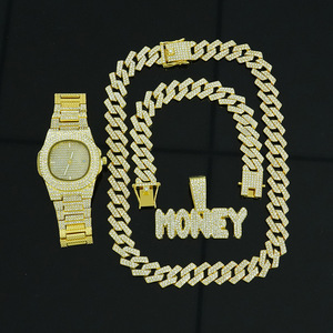 Großhandels-Schmuckset: <span class=keywords><strong>Gold</strong></span>-Silber-Legierung und Strass-Iced-Out-Geld-Anhänger-Halskette, Armband und Hip-Hop-Quarz-Uhr - Product Image 3