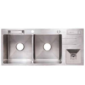 Évier à <span class=keywords><strong>double</strong></span> cuvette avec égouttoir latéral pour une utilisation polyvalente Évier de cuisine en acier inoxydable avec plateau et planche à découper pour ajout - Product Image 4