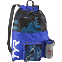 Grand sac à dos en maille avec cordon de serrage pour la natation, la gym et l'entraînement, avec poche zippée, noir et bleu, capacité de 20L à 35L