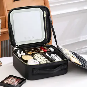 2024cNew PU Square Travel Makeup Bag with LED Light Vanity Mirror Single Sided Desktop Style for Cosmetics Use