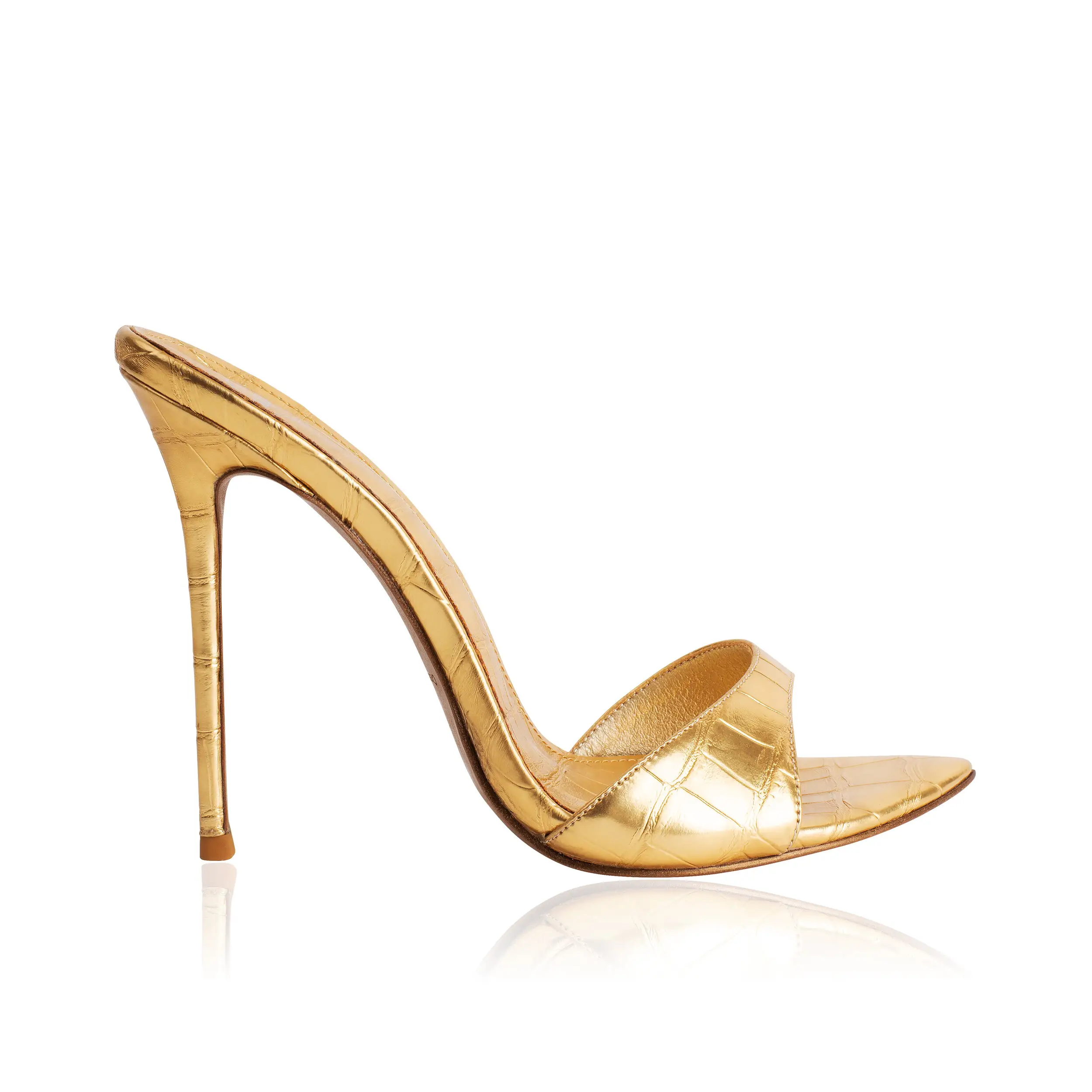Wholesale Luxury Ladies High Heels Sandals Gold Croc Embossed Metallic 12cm Pencil Thin Heel Women Sandals