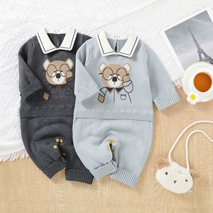 米米雄高品质棉熊图案针织婴儿连身衣翻领冬季连身衣套装 - Product Image 4