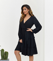 En stock confortable été femmes col en V robes mi-longues à volants manches longues cocktail tenue décontractée vin