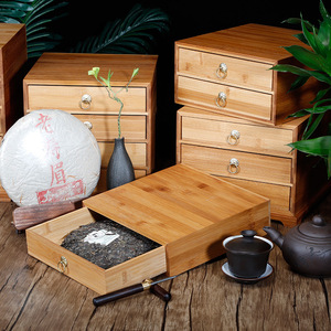 Caja de Té de Bambú Estilo Cajón para Té Pu'er, Caja de Té Rectangular de Madera Hecha a Mano con Asas de Anillo Metálico - Product Image 2