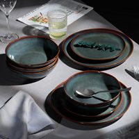Service de table en céramique vintage vert-bleu foncé avec glaçure réactive, assiettes et bols à bord brun, ensemble de vaisselle en grès avec bol à dessert