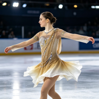 Robe de patinage artistique dégradé champagne avec strass et maille, manches longues, pour enfants et adultes, tenue de performance pour compétition sur glace