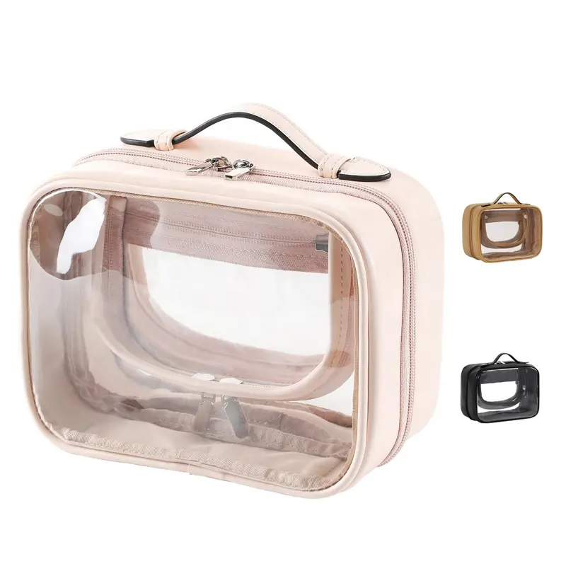 Bolsa de maquillaje transparente con cremallera de Pvc de doble capa personalizada, neceser de viaje, neceser transparente de PVC, neceser organizador