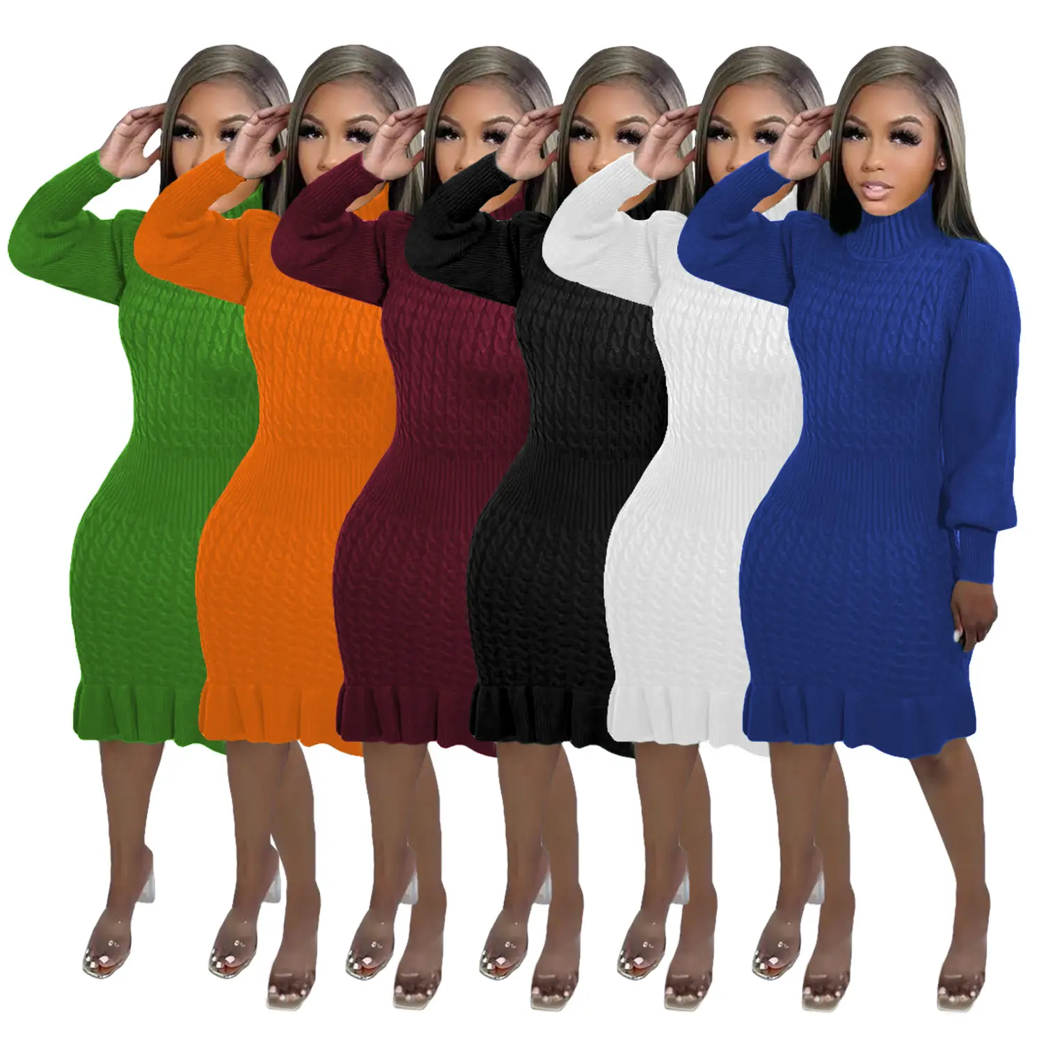 Fall Winter Sweater Dress Women Clothing Pure Color High Collar Long Sleeve Ruffled Manual Knit Women Sweater Dress