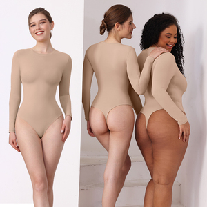 Kim Liền Mạch Jumpsuit Dài Tay Áo Cao Co Giãn Cộng Với Kích Thước Thiết Kế Đơn Giản Thứ Hai-Da Cảm Thấy Tops Thong Nút Bộ - Product Image 1