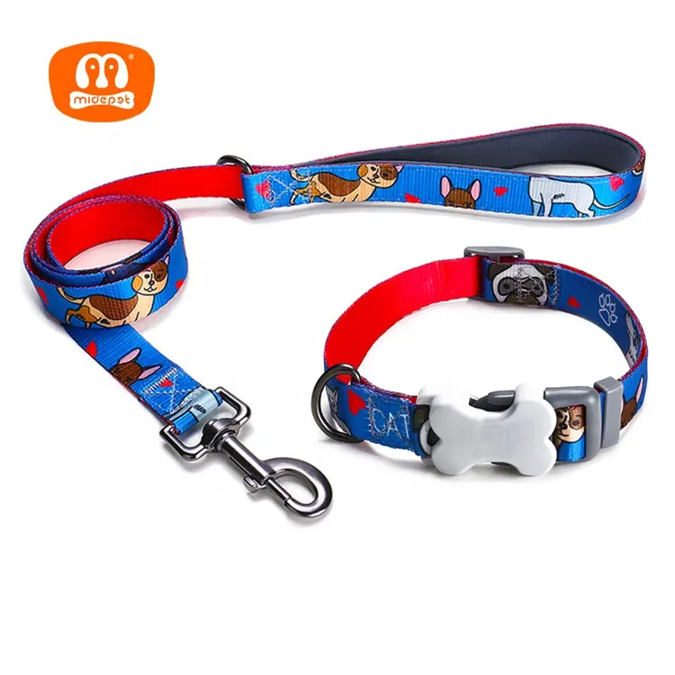 Midepet hot selling soft padded pet lead polyester leash pet supplies dog blue luxury collar set