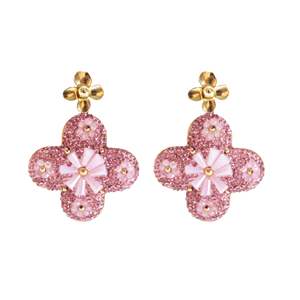 Boucles d'oreilles pendantes tendance, motif fleur scintillante rose, en acier inoxydable plaqué or, bijoux durables et résistants - Product Image 1