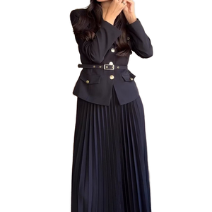 Toptan Kadın Moda Seti Kadın Uzun Kollu Yeni Düz Renk Yaka <span class=keywords><strong>Blazer</strong></span> Pilili Etek 2 Parça Takım - Product Image 1