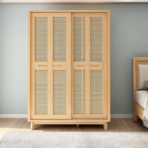 <span class=keywords><strong>Armadio</strong></span> Angolare Moderno e Durevole in Legno Massello e Rattan <span class=keywords><strong>con</strong></span> 2 Ante Scorrevoli per Camera <span class=keywords><strong>da</strong></span> <span class=keywords><strong>Letto</strong></span> - Product Image 1