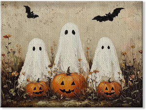 Linda Lienzo Decorativo de Pared con Diseño de Fantasma, Calabaza y Murciélago, Estilo Vintage de <span class=keywords><strong>Pintura</strong></span> al Óleo, Impresión Enmarcada para Decoración del Hogar, Ideal para Halloween - Product Image 1