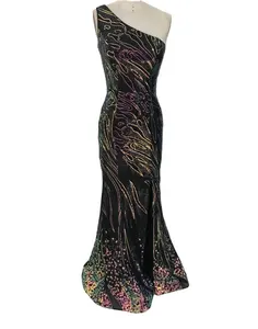 One Shoulder Made of Fully Sequin Fitted Bodice Trumpet Skirt black multi color formal dinner party lady evening Prom Dress