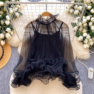 Completo da donna 2 pezzi: Blusa in rete con orlo a balze e top interno a canotta, elegante camicia in <span class=keywords><strong>tulle</strong></span> trasparente Sehe Fashion - Product Image 1