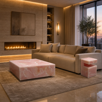Table basse et table d'appoint à plusieurs niveaux en marbre onyx rose de luxe, ensemble de meubles de salon en pierre naturelle translucide