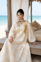 Robe longue maxi à col montant et manches bouffantes en fil doré avec ceinture, Abaya brodée pour femme, idéale pour l'Aïd, les vacances et les banquets
