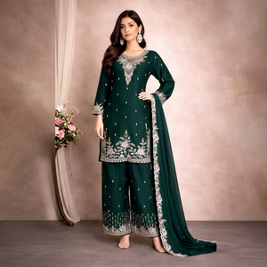 Costume en soie brodé vert émeraude pour femmes avec dupatta, coupe ample, tenue traditionnelle indienne pakistanaise pour mariage - Product Image 1