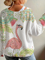Pull en tricot pour femme à imprimé flamant rose, col en V, manches longues, motif palmier tropical, blanc