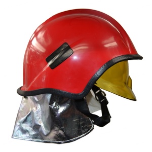 Casque de pompier en fibre de verre rouge avec protection de cou réfléchissante et visière jaune pour les incendies de classe A et B - Product Image 1
