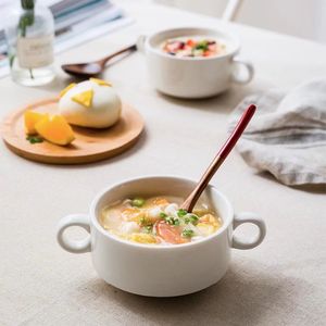 ในสต็อก: ชามซุปเซรามิกหูคู่สีขาวบริสุทธิ์สไตล์ตะวันตกถ้วยซุปถ้วยซุปชามโจ๊กอาหารเช้าของหวาน - Product Image 4