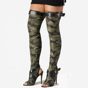 Front Zipper Women Stretchy Thigh High Boots Summer Cross Belt Buckle Long <b>Booties</b> Over Knee Peep Toe High Heel Camouflage Shoes - Product Image 1