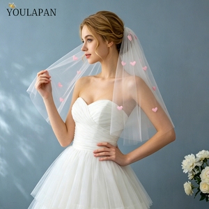 Voile de mariée court YouLaPan V271 rose romantique à motif cœur, en tulle blanc transparent, avec peigne à cheveux pour fête de mariage - Product Image 6