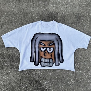 เสื้อยืดฮิปฮอปผ้าฝ้าย100% สำหรับผู้ชายทรงหลวม DTG mock ไหล่บ็อกซี่ไหล่สั้นถักลายตัวอักษรยาว - Product Image 1