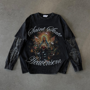 T-shirt à manches longues imprimé ange gothique noir poids lourd 100% coton tricoté Streetwear T-shirt strass croix décontracté lavé - Product Image 1