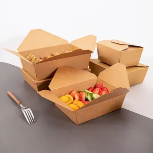 Mengambil Wadah Makanan Kertas Kraft Coklat Kotak Makanan Tahan Kebocoran Minyak Kardus Sekali Pakai Kotak Makan Siang untuk Katering