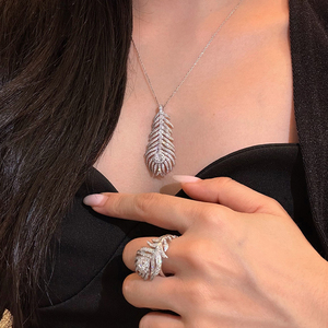 Aazuo – ensemble de bijoux de luxe en or blanc massif 18 carats, diamants de laboratoire, bague en forme de plume, boucles d'oreilles, collier, haute joaillerie pour femme, pour banquet haut de gamme - Product Image 5