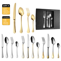 Ensemble de couverts en acier inoxydable 304 de 24 pièces avec boîte cadeau, finition miroir, ensemble de couverts dorés pour fête, mariage, hôtel, logo personnalisé