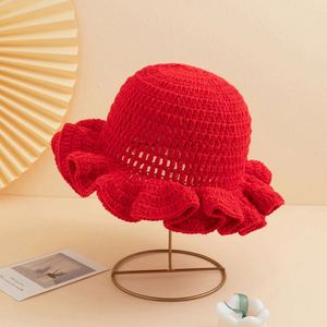 Autumn and Winter Solid Color Knitted Hollow Handmade Crocheted Wool Ruffled Rim Pullover Fisherman's Hat Crochet Knitted Hats - Product Image 3