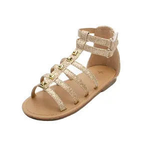 2023 Kids Sandals Supplier Roman Style Gold Embellishment Gladiator Outdoor Beach Shoes Girls Sandals