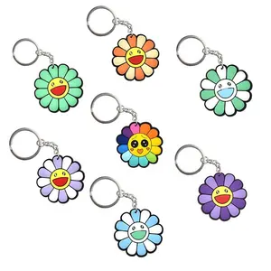 Hot Sale Soft PVC Silicone Material 3D Sunflower Metal Ring Rubber Bag Charm Silicone Flower Key Chains/Key Ring Holders