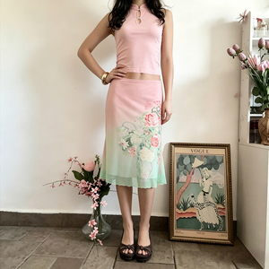 New Chinese Vintage Floral Print Gradient Cheongsam Collar Pankou Vest Classic Elegant Flattering Mesh Midi Skirt Set - Product Image 2