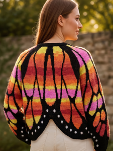 Cardigan en tricot jacquard coloré à motif papillon pour <span class=keywords><strong>femme</strong></span>, col rond, boutonné, ouvert sur le devant, vêtement d'extérieur décontracté pour le quotidien et les festivals - Product Image 2
