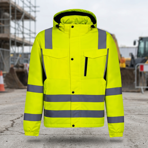 Chaqueta de Trabajo de Alta Visibilidad para Hombre, Chaqueta de Seguridad Reflectante de Poliéster, Amarillo Fluorescente con Capucha y Rayas - Product Image 4